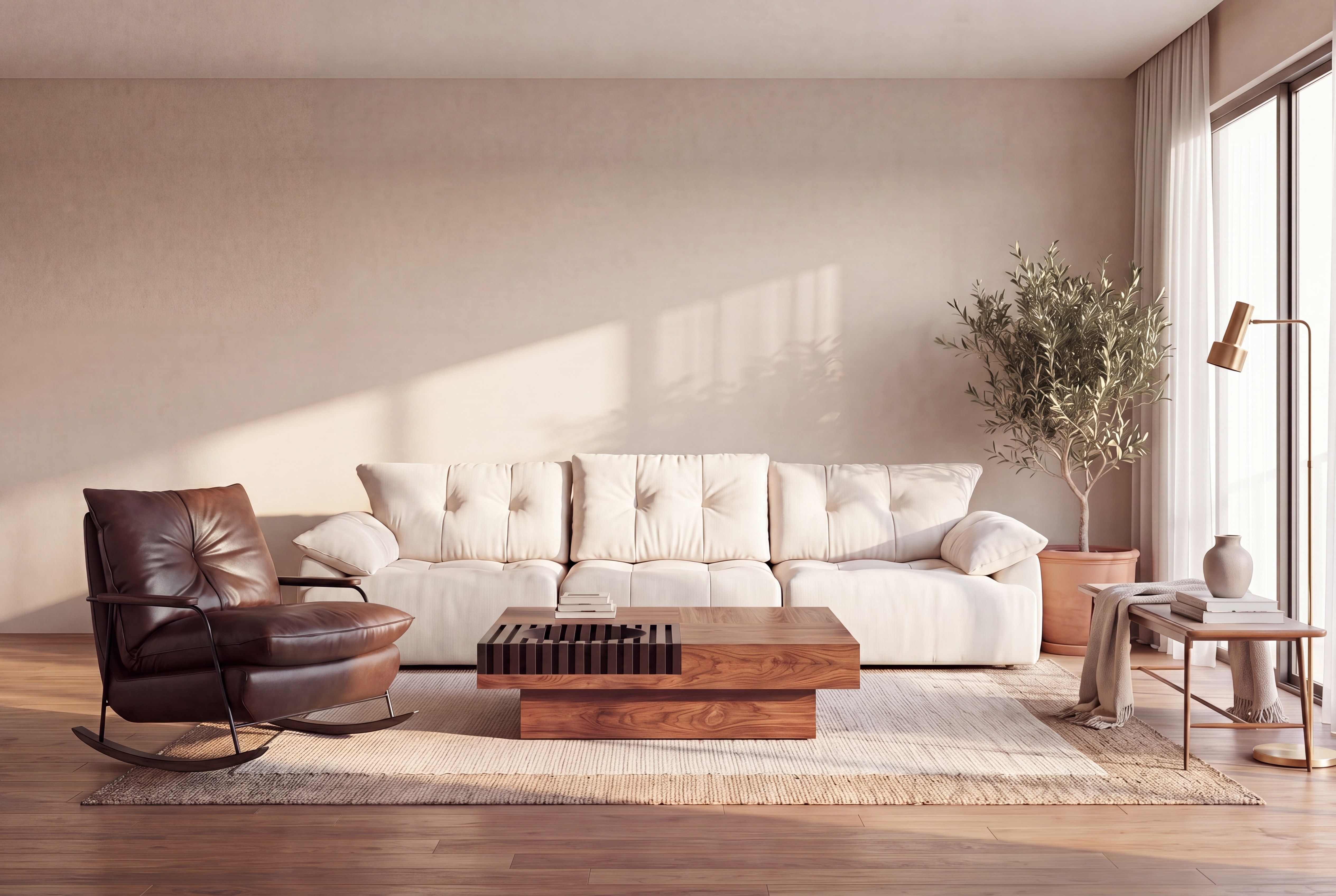 A warm, sunlit living room with a cream tufted sofa, brown leather rocking chair, and walnut coffee table