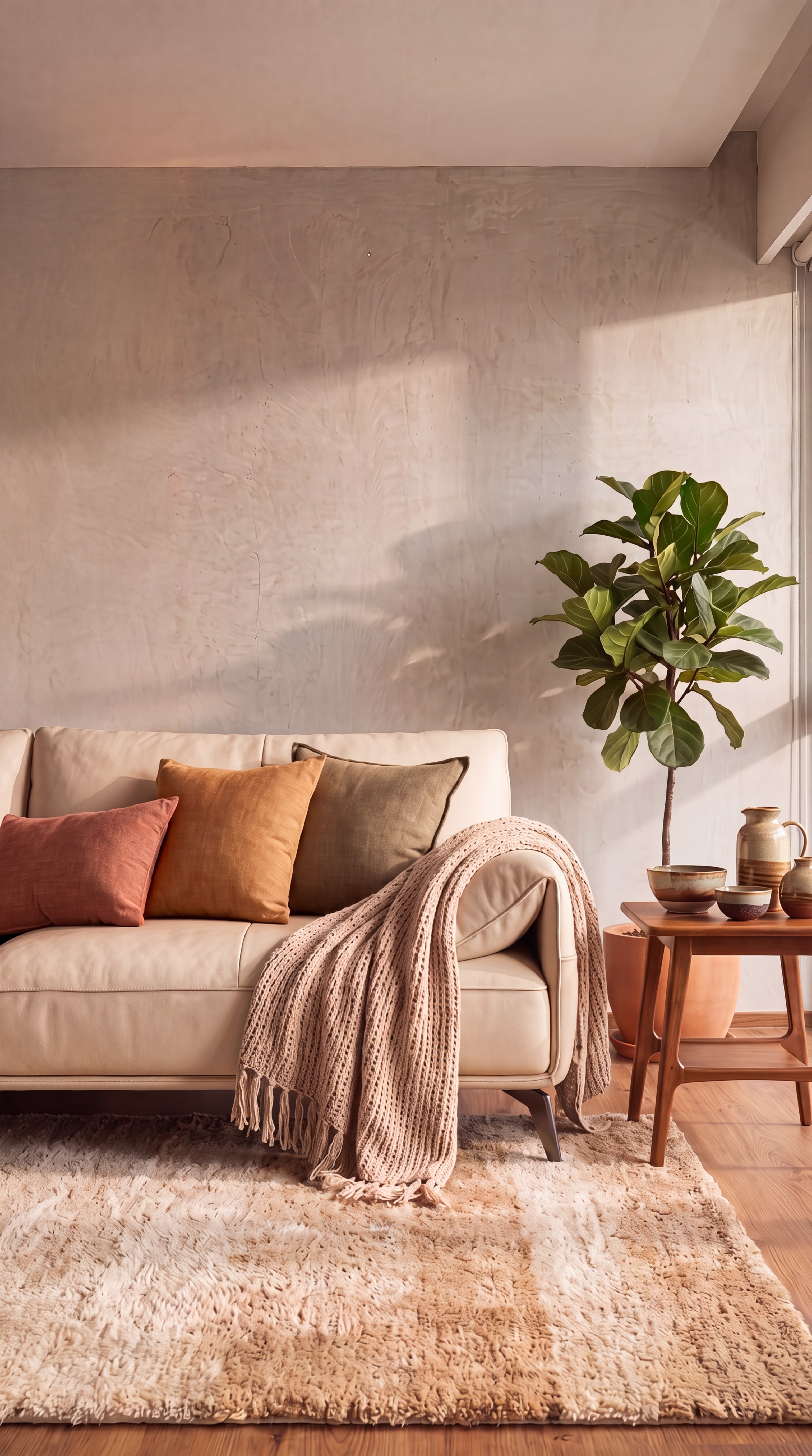 A warm, sunlit Singaporean living room with a cream sofa, warm-toned cushions, and a fiddle-leaf fig