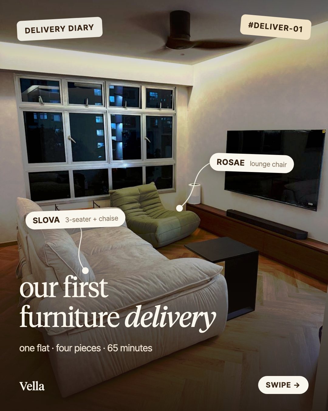 A cream Slova sofa with chaise and a green Rosae lounge chair in a newly delivered BTO flat