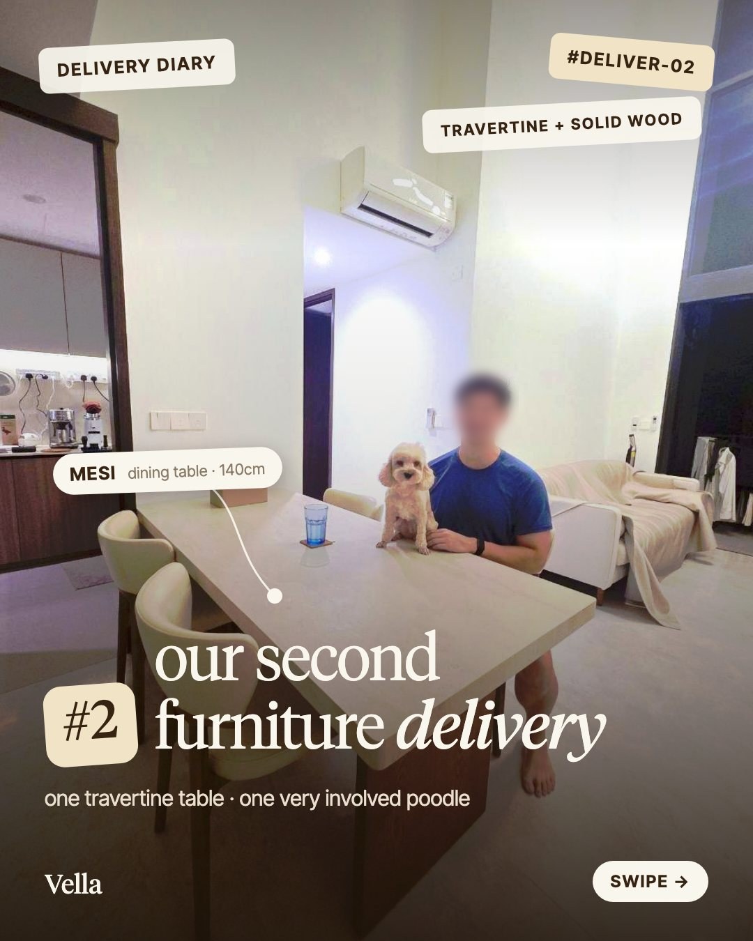 Javier and his poodle at a travertine Mesi dining table in Tampines